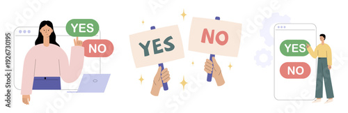 Decision making concept with people choosing yes or no options. Online voting, survey choice, agreement and rejection symbols in digital communication. Flat vector illustration