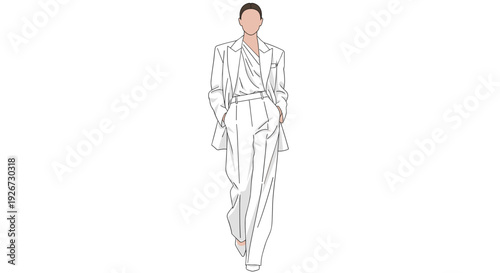 A female fashion model walks forward wearing a monochromatic white blazer and wide leg trousers on a white background.