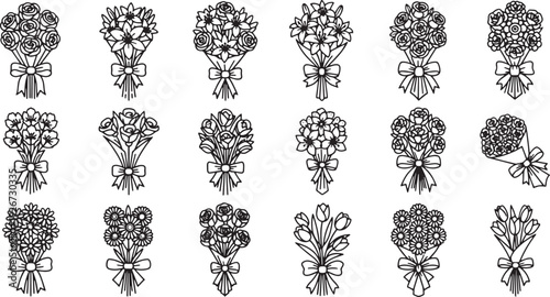 A set of black and white floral bouquets with ribbons.