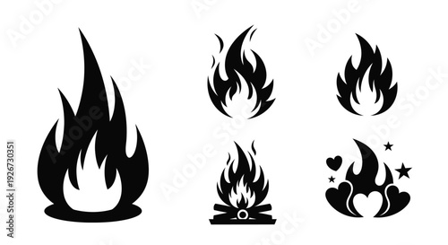 Three black flame designs with a heart and stars a silhouette