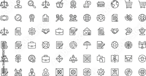 Business and Legal Line Icons Set with Law Finance Management Insurance and Corporate Symbols Vector Collection