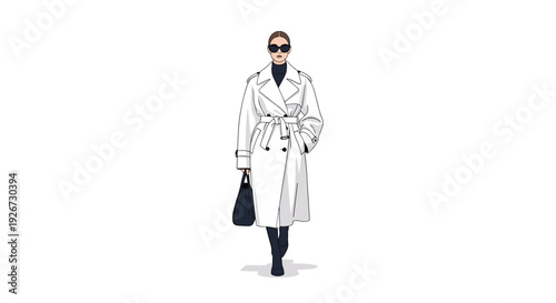 A woman walks forward wearing a white belted trench coat black turtleneck and sunglasses while carrying a black bag.
