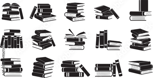 A collection of black and white book icons, featuring various book shapes and orientations.