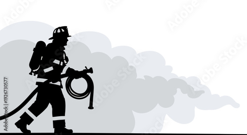 Firefighter Silhouette with Hose and Helmet.