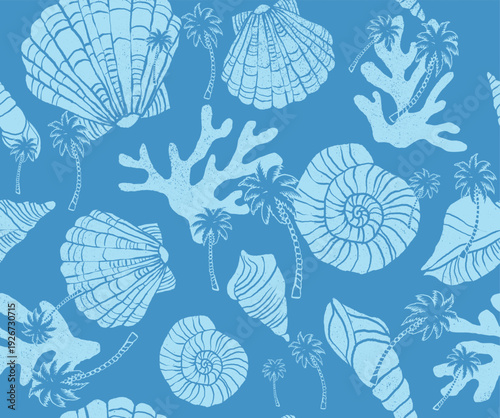 Seashell Seamless print pattern. Hand drawn seashells on blue background. Marine inspired print design. Shells seamless pattern. Summer Coastal and beach theme. perfect for tee t-shirt tops design.