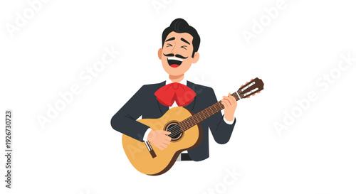 A male mariachi singer with a mustache laughs while playing an acoustic guitar and wearing a large red bowtie.