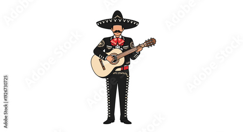 A male mariachi musician in a traditional black charro suit and sombrero plays an acoustic guitar against white.