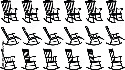 Rocking chair silhouettes set, wooden furniture collection, classic armchair design, isolated vector illustration, home interior decor seating icons