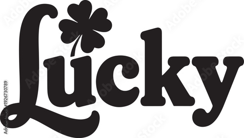 A black and white logo with the word 'Lucky' and a shamrock in the center.