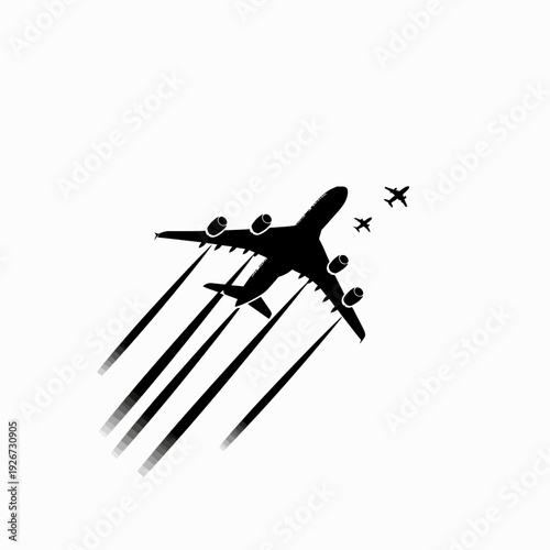 Black airplane silhouette flying with trails against white background