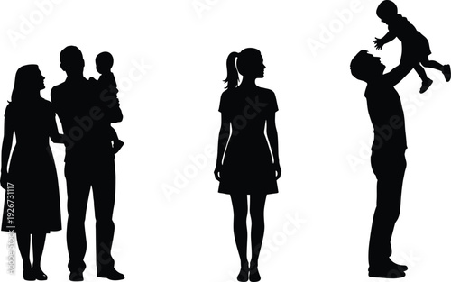 Black silhouettes of family members and a single woman on white background people