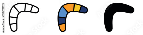 Colorful striped boomerang icon set showing a line art version, a multi-colored blue and orange version, and a solid black silhouette.