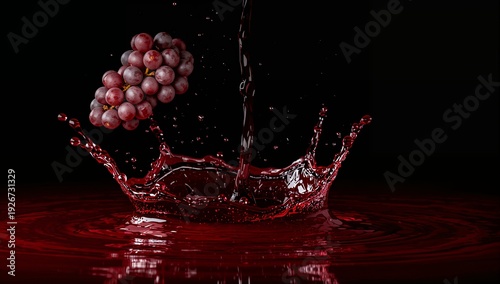 Splash of Red Liquid with Grapes on Black Background