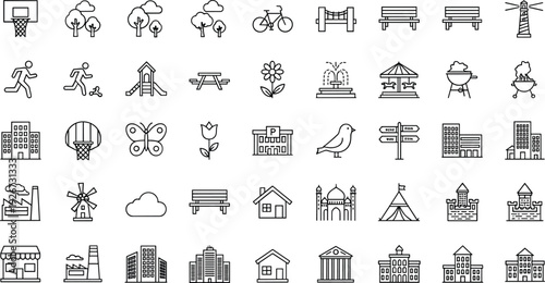 City Park and Urban Landscape Line Icons Set with Buildings Nature Recreation and Architecture Vector Collection