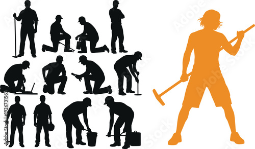 Construction Worker and Laborer Silhouette Collection with Builder Using Tools and Standing with Sledgehammer in Black Solid Vector Set