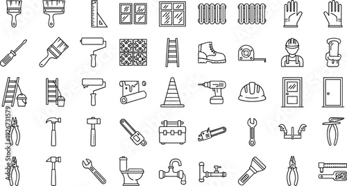 Construction and Repair Line Icons Set with Tools Equipment Safety Gear and Building Elements Vector Collection