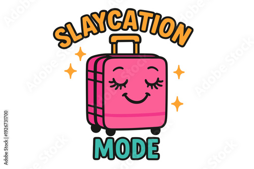 Cartoon Style Pink Suitcase with Smiling Face and Sparkles on a Black Background