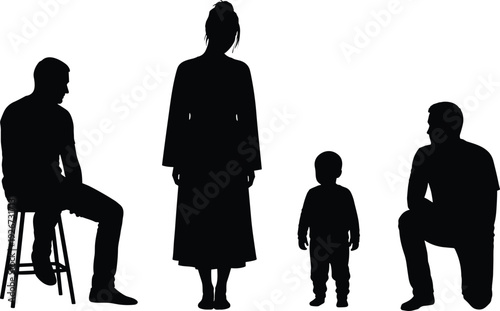 Black silhouettes of family with one sitting on stool one standing one child and one crouching people