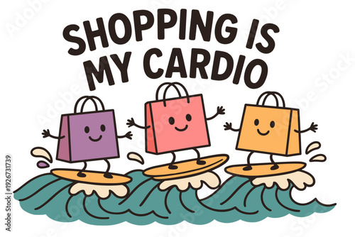 Whimsical Cartoon Character Shopping Bags Surfing On Ocean Waves