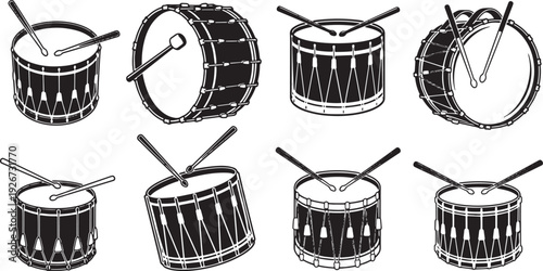 A collection of black and white drum illustrations with various drummers and drumsticks.