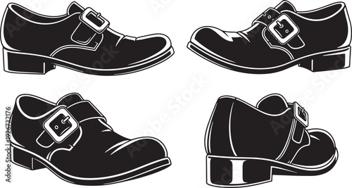 Set of four black and white monochrome shoes with buckles, isolated on a white background.