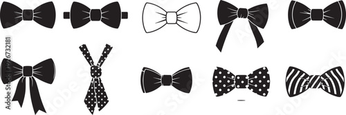 Various black and white bow-ties with different patterns and designs.