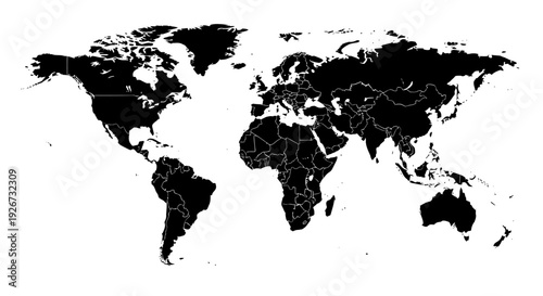 Detailed Solid Black World Map Global Geographic Illustration, isolated white background.