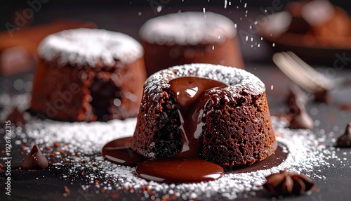 Decadent chocolate lava cake with molten center, powdered sugar, and chocolate sauce on a dark surface, close-up view