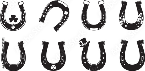 A collection of black and white horse shoes with shamrocks and a top hat on them.
