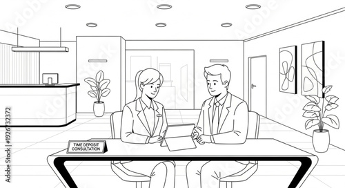 Man and Woman Sitting Desk Office.