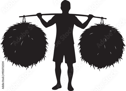 A silhouette of a man carrying two fuzzy bundles on a pole