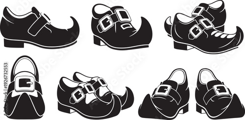 A set of black and white shoe silhouettes with various designs and styles.