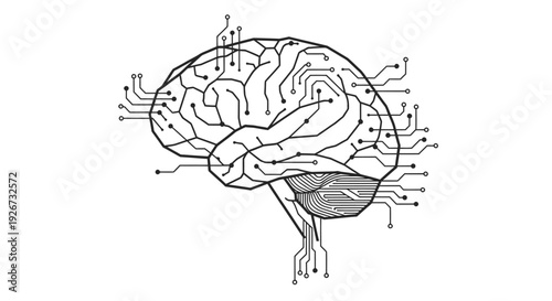 Human Brain Outline with Integrated Circuitry Symbolizing Artificial Intelligence and Technological Innovation on an Isolated White Background.