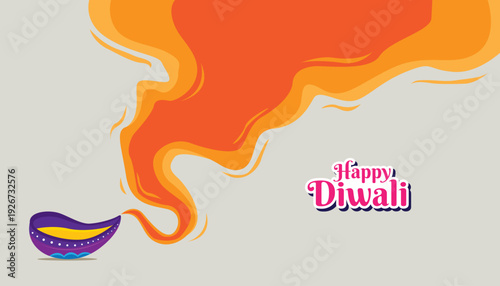 Happy Diwali greeting template with decorative oil lamp and warm glowing flame smoke on light background for festival celebration design.