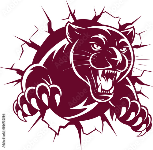 Fierce panther vector illustration bursting through shattered maroon wall with claws extended, symbolizing strength, power, and motion.