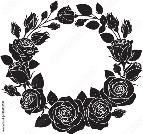 A black and white floral wreath with roses and leaves.