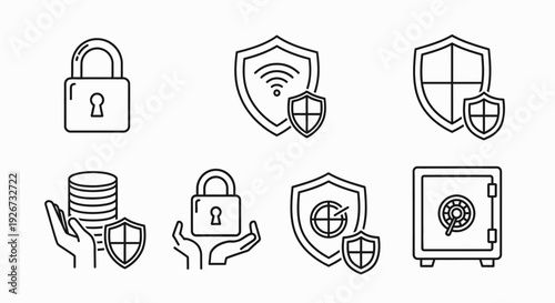 Set of six detailed line icons for financial and digital security, including shields, padlock, safe box, and hands with coins on an isolated white background.