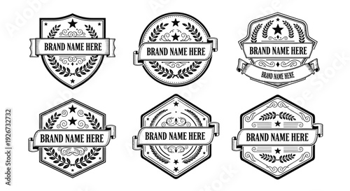 Six vintage style brand quality badges with laurel wreaths, stars, and text on an isolated white background.