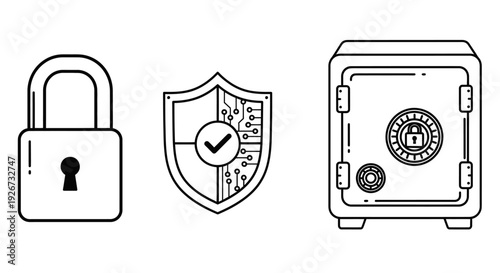 Set of three line art icons depicting a padlock, a digital circuit shield, and a security safe box on an isolated white background.