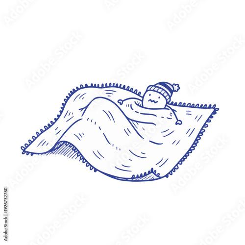 Wrinkled rug or messy carpet floor covering in minimalist blue line art for interior design and home life concept.