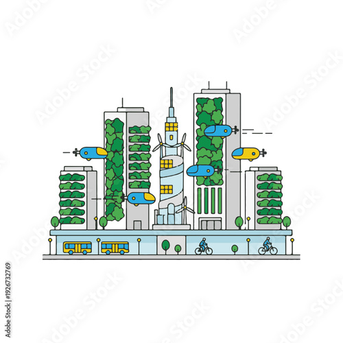 Lush vertical gardens on skyscraper buildings in smart city model for sustainable urban architecture and green living.