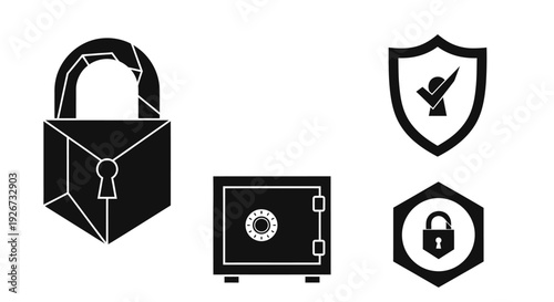 Collection of Security Icons: Padlock, Safe, Shield, and Lock Symbol, isolated white background
