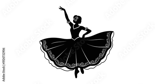 Elegant Female Dancer Silhouette in Decorative Dress Performing a graceful Pose on Isolated White Background