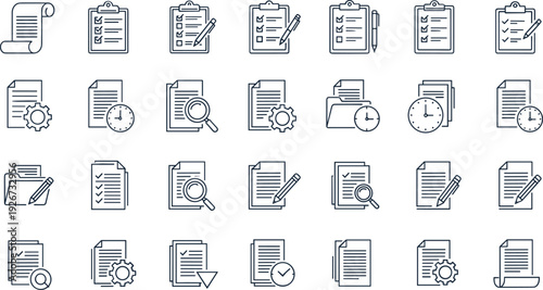 Document and Checklist Line Icon Set with File Management, Approval, Review, Audit, and Office Paperwork Outline Vector Symbols