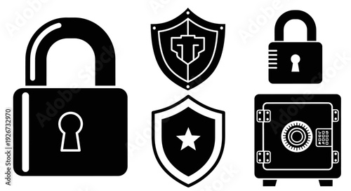Comprehensive Collection of Security Icons Featuring Padlocks, Shields, and Safe on Isolated White Background