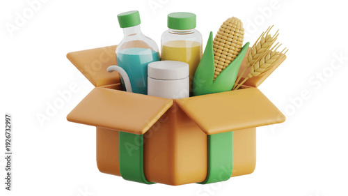 Open cardboard box filled with food and drink items  groceries and household products