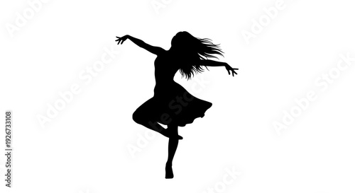 Energetic Female Dancer Silhouette with Flowing Hair and Dress in a Dynamic Performance Pose on Isolated White Background