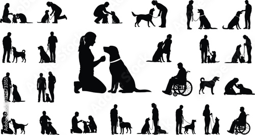 Dog Training and Assistance Silhouette Set with Owner, Service Dog, Therapy Animal, and Disability Support Black Vector Collection