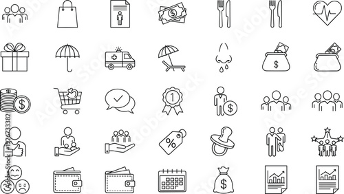 Ecommerce and Customer Service Line Icon Set with Shopping Cart, Payment, Delivery, Gift, Review, and Finance Outline Vector Symbols