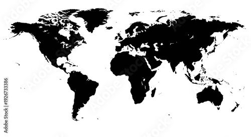 Black Silhouette World Map on Isolated White Background